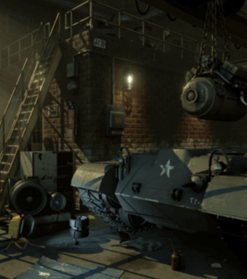 World at Risk scene art — a tank under assembly in a vehicle workshop